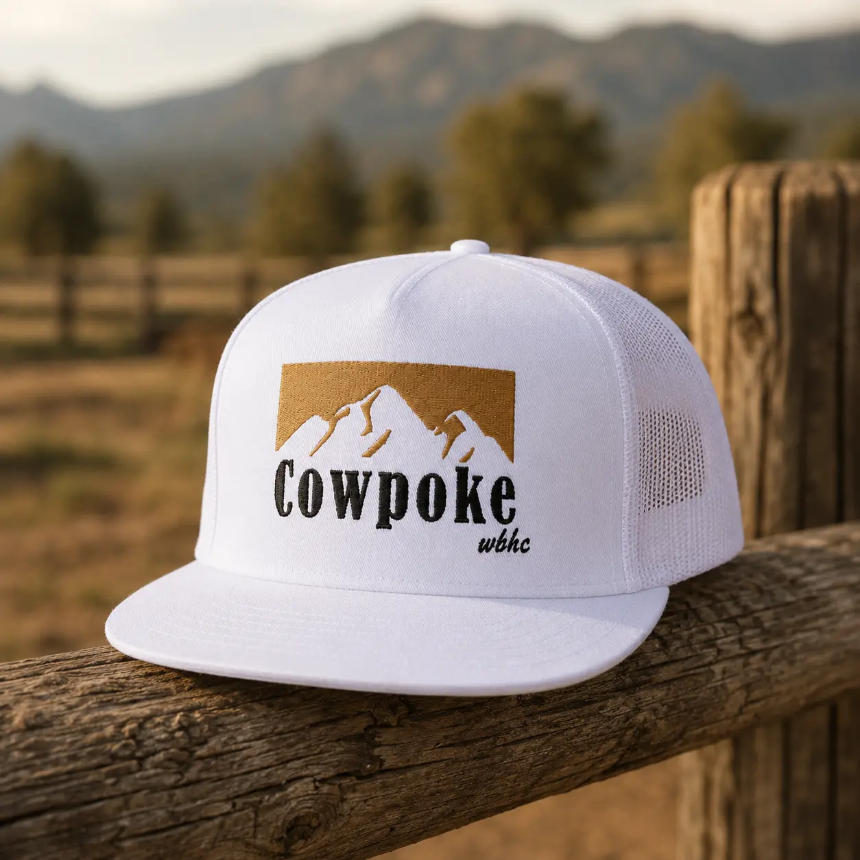 Cowpoke Mountain Embroidered Trucker Hat – White Western Mesh Snapback Cap, Cowboy Outdoor Ranch Style Hat