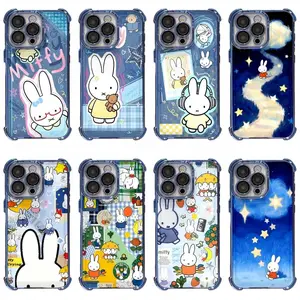 Kawaii INS Painting Cute Miffy Rabbit Bright Blue Personalized Unique Artistic Phone Cases For iPhone 17 Promax Pro Air 16 Plus 15 14 13 12 11 Shockproof Protective Cover Gift For Birthday Christmas Halloween