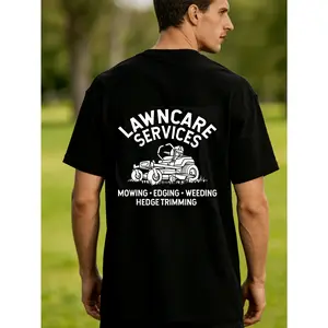 Lawn Care Service Zero-Turn Mower Pattern T-Shirt, Black And White Design, Comfortable Round Neck, Short Sleeves, Unisex, Casual Street Style, Suitable for All Seasons, Lawn Care Apparel, Everyday Wear