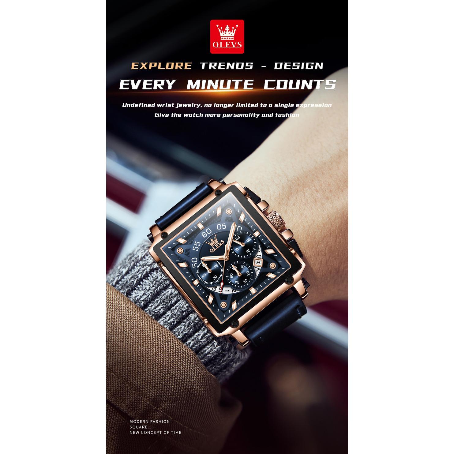 OLEVS 9919 Chronograph Multifunctional Quartz Men's Watch Leather strap 45MM Square Big Dial Leisure Sports TOP Brand Male Watch