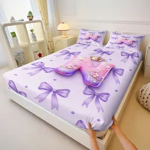 Lavender Purple Bow Crown Letter N-Z Fitted Sheet Sets,Kawaii Princess Print Bed Sheet Sets,Includes 1 Deep Pocket Fitted Sheet & 2 Pillowcases,All Season Soft Breathable Bedding for Girls Bedroom Teens Dorm,Ideal Gift for Little Princess Fans