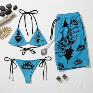 Matching Couple Skull Swimwear Set – Y2K Alternative Bikini & Swim Shorts, Gothic Streetwear Beach Outfit, Summer Vacation Couple Set