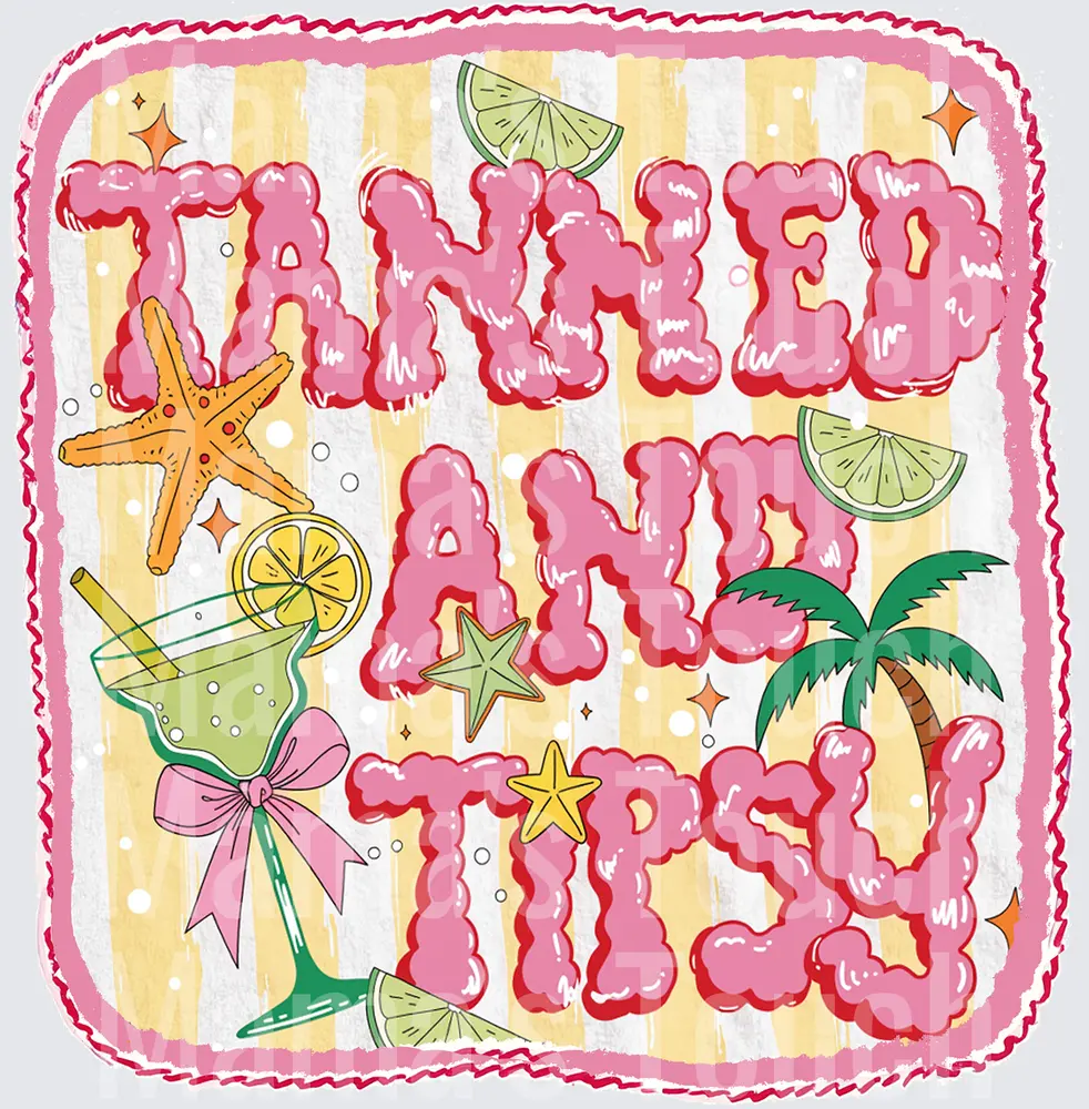 Tanned and Tipsy Pink Bubble Letters with Tropical Elements