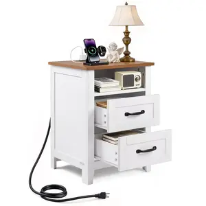 VEVOR Rustic Farmhouse Nightstand - 2 Deep Drawers with Metal Handles, Open Shelf, Charging Station with USB Ports & Charging Ports & AC Outlets, Recessed Panels, Bedside Storage Cabinet for Bedroom, Living Room (White)