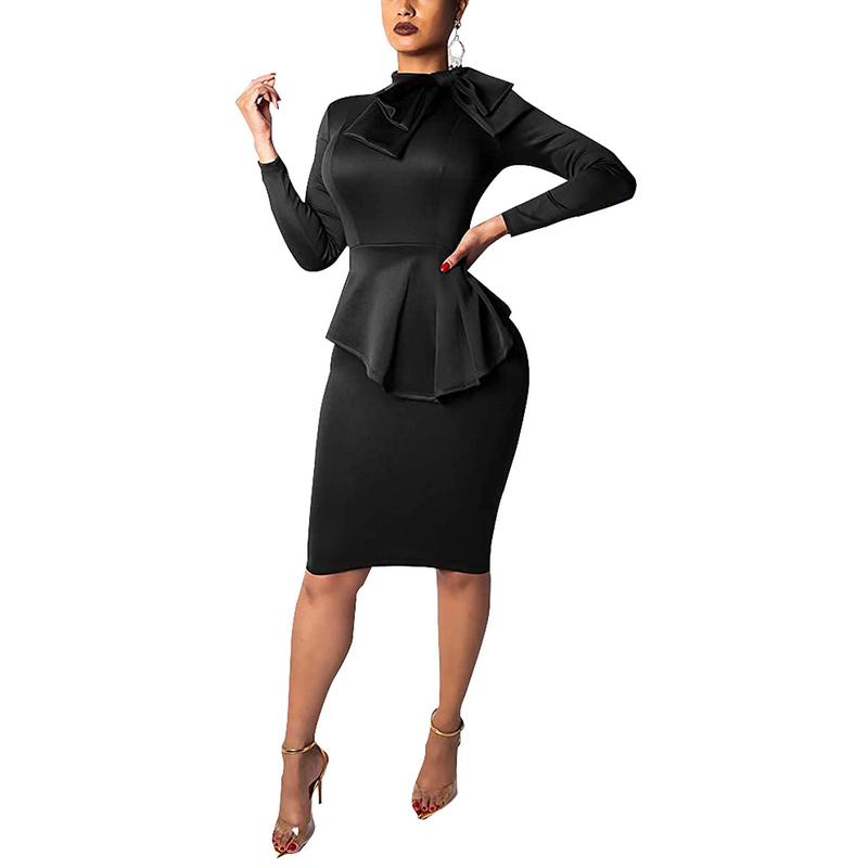 Women's Fashion Peplum Bodycon Long Sleeve Work Dresses Bow Club Ruffle Pencil Formal Cocktail Dress Chic Elegant Womenswear Breathable