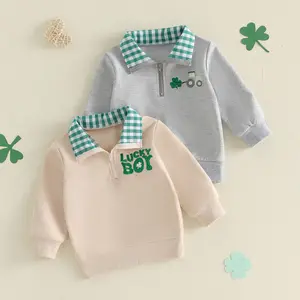 Babamoon St. Patrick's Day Kids Toddler Baby Boy Girl Irish Sweatshirt Shamrock Embroidery Long Sleeve Lapel Quarter Zip Pullover Tops 6M-4Y
