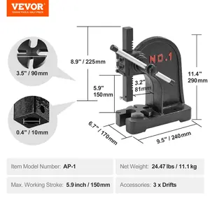 VEVOR Arbor Press, 1 Ton Manual Arbor Press, 5.9 Maximum Height, Cast Iron Heavy-duty Manual Desktop Arbor Press, Precision Hand Press for Stamping, Bending, Stretching, Forming