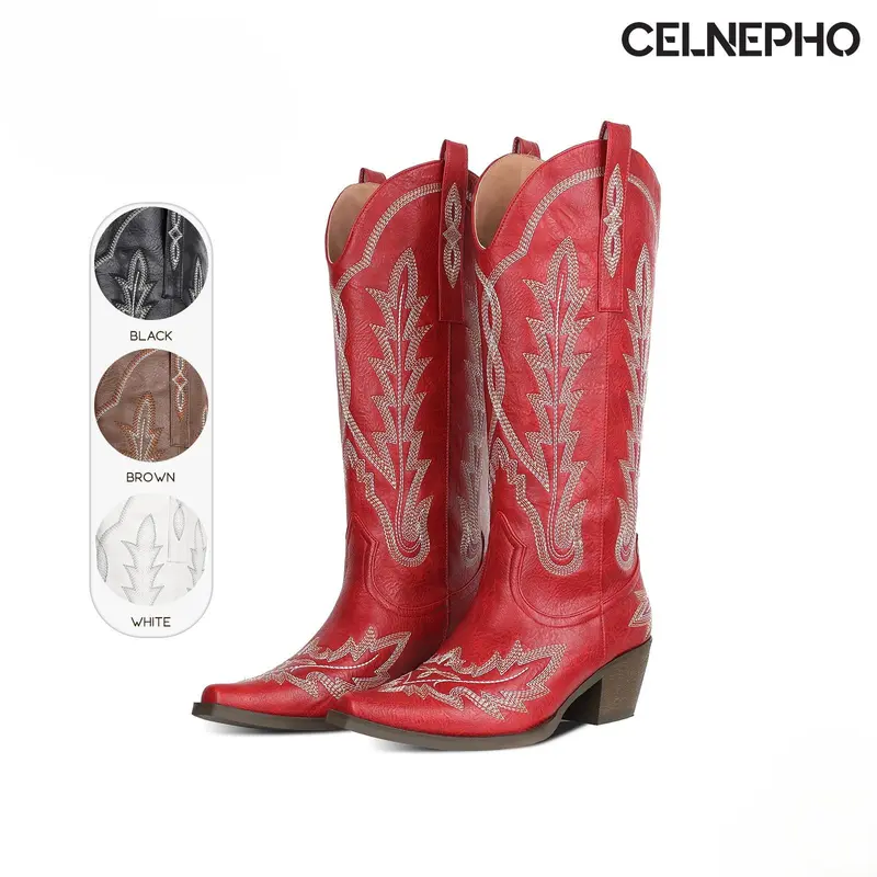 CELNEPHO Women Cowboy Boots Pointed Toe Chunky Block Heel Mid Calf Boot Western Embroidered Design Vintage Booties Easy Pull on Tabs Horse Riding Everyday Wear Country Wedding Date Gift Cowgirl Dress Shoes