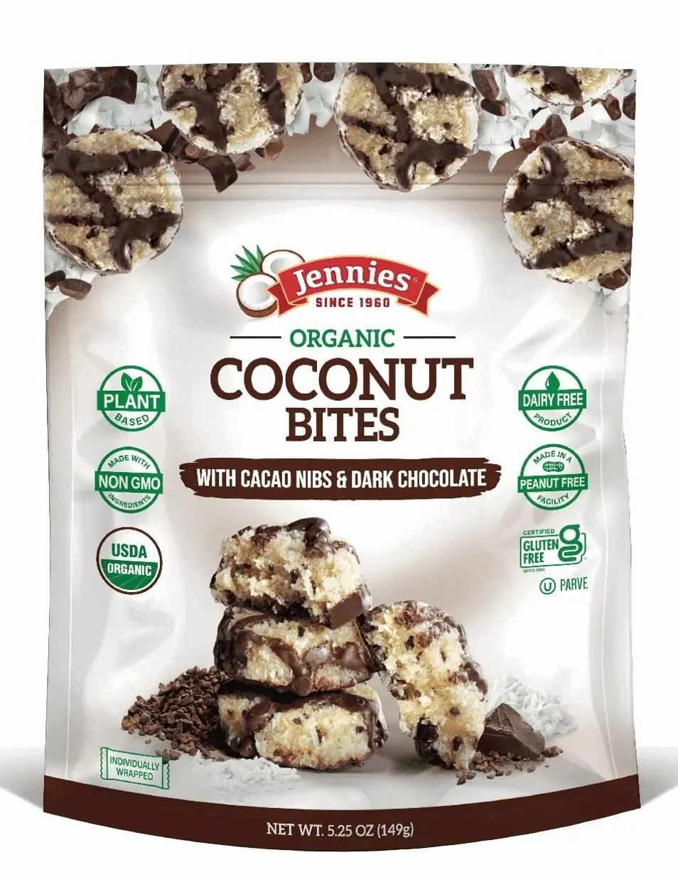 Jennies Organic Coconut Bites with Cacao Nibs and Dark Chocolate, 5.25oz | Gluten Free | Peanut Free | Dairy Free | Non GMO