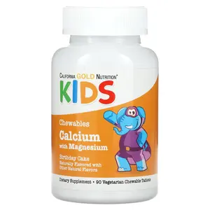 California Gold Nutrition Chewable Calcium with Magnesium For Children, Birthday Cake, 90 Vegetarian Tablets