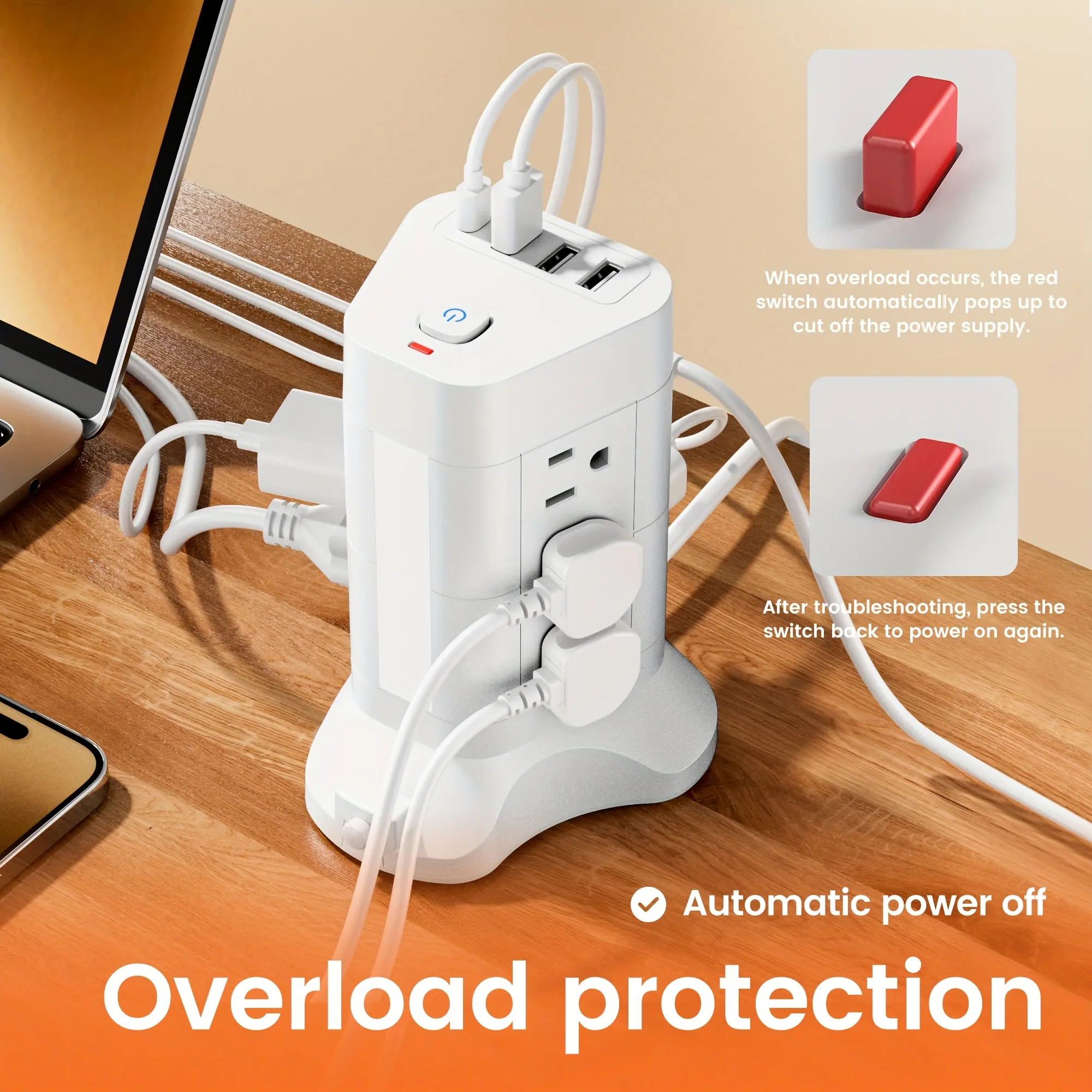 14-in-1 tower stereo socket, with 4 USB ports (3 USB-A and 1 USB-C), 9 AC power sockets and 1 adjustable 3-color night light, suitable for home, office, dormitory, outdoor and hotel sockets, equipped with A 10-foot extension cord.