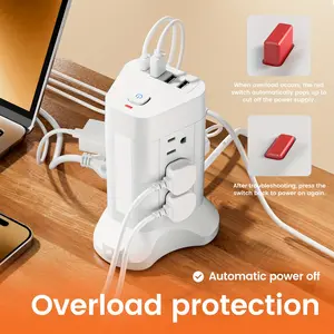 14-in-1 tower stereo socket, with 4 USB ports (3 USB-A and 1 USB-C), 9 AC power sockets and 1 adjustable 3-color night light, suitable for home, office, dormitory, outdoor and hotel sockets, equipped with A 10-foot extension cord.
