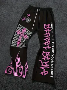 Summer High Waist Wide Leg Pants Polyester Casual Streetwear Daily Wear Party Vacation Y2K Anime Letter Print Oversized Loose Fit Harajuku Style For Women Teens Girls TikTok Fashion Trend