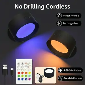 Rechargeable RGB Wall Sconce Light, Cordless Magnetic LED Lamp, No Drill Easy Install, Remote & Touch Control for Bedroom Living Room
