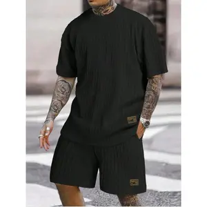 2 Piece Set Men's Textured Patched Two-piece Set, Casual Regular Fit Short Sleeve Drop Shoulder Crewneck Tee & Drawstring Pocket Shorts for Formal Wear, Outfit Sets for Men, Summer Men's Streetwear Clothes, Menswear SuitsRAIMENTRY