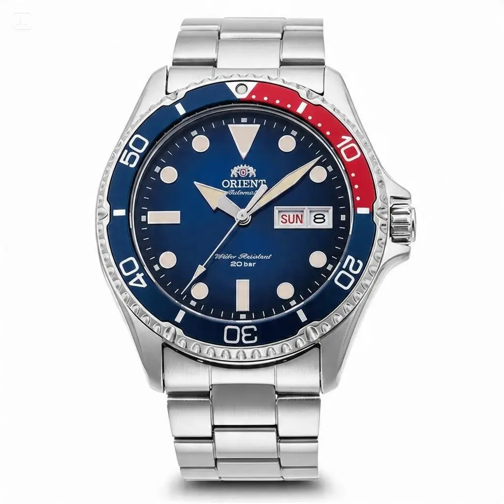 Orient Automatic Diver Men's Watch - Pepsi Red-Blue Rotating Bezel, Deep Blue Luminous Dial, Day-Date Dual Display, 20-Bar Water Resistant, Solid Silver Stainless Steel Bracelet, Sport Diving Casual Timepiece, Premium Self-Winding Mechanical Gift for Men
