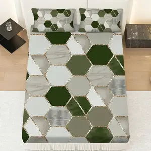 Geometric Leaf Pattern Hexagonal Bedding Set, 3-Piece Includes Sheet & Pillowcases, Soft Breathable Polyester, All Seasons Use