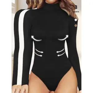 Women's Tummy Control Mock Neck Bodysuit, Long Sleeve Stretchy Slim Fit Jumpsuit, Elegant Body Shaper Top, Casual Lounge Leotard