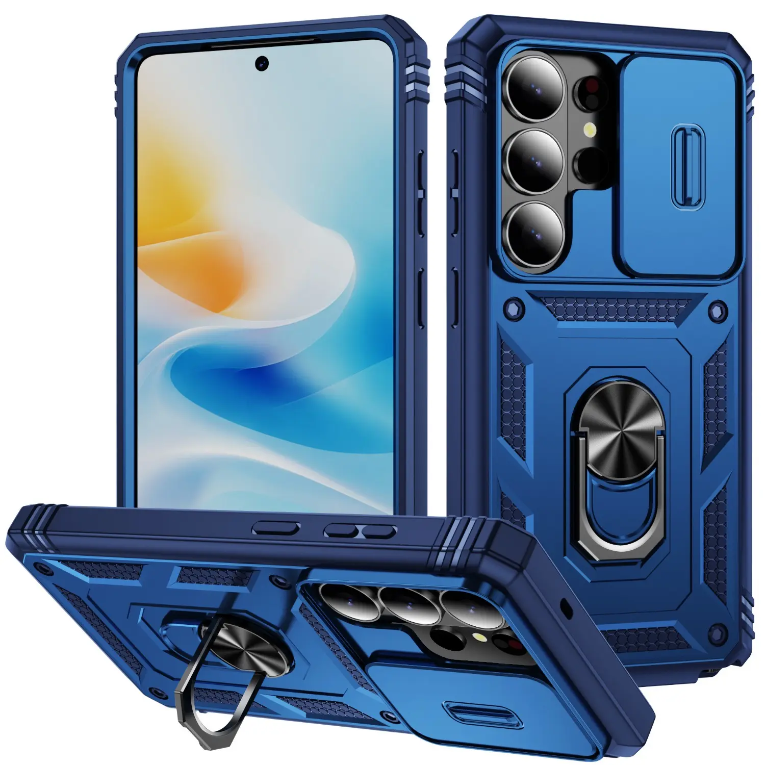 Samsung Galaxy S26 Ultra Protective Smartphone Case - Blue, 360° Metal Rotatable Ring Holder Kickstand, Slide Camera Cover, Military-Grade Shockproof Protection for Handheld Cellphone Devices