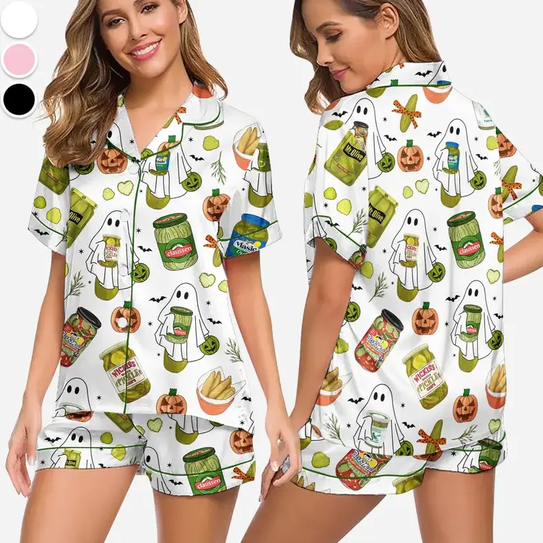 Corquette Pickle Halloween Pajamas Set Satin For Women Print Comfy Sleepwear Satin & Loungwear Pjs Printing Silky Short Pjs, Pickles Lover, Halloween Pajamas, Halloween Gift