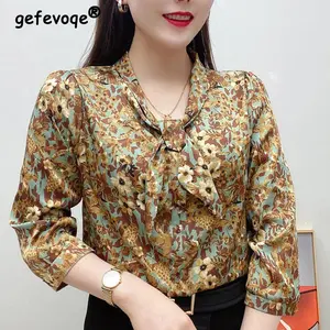 Floral Printed Bow Loose Long Sleeve Chiffon Shirts Blouse Fabric