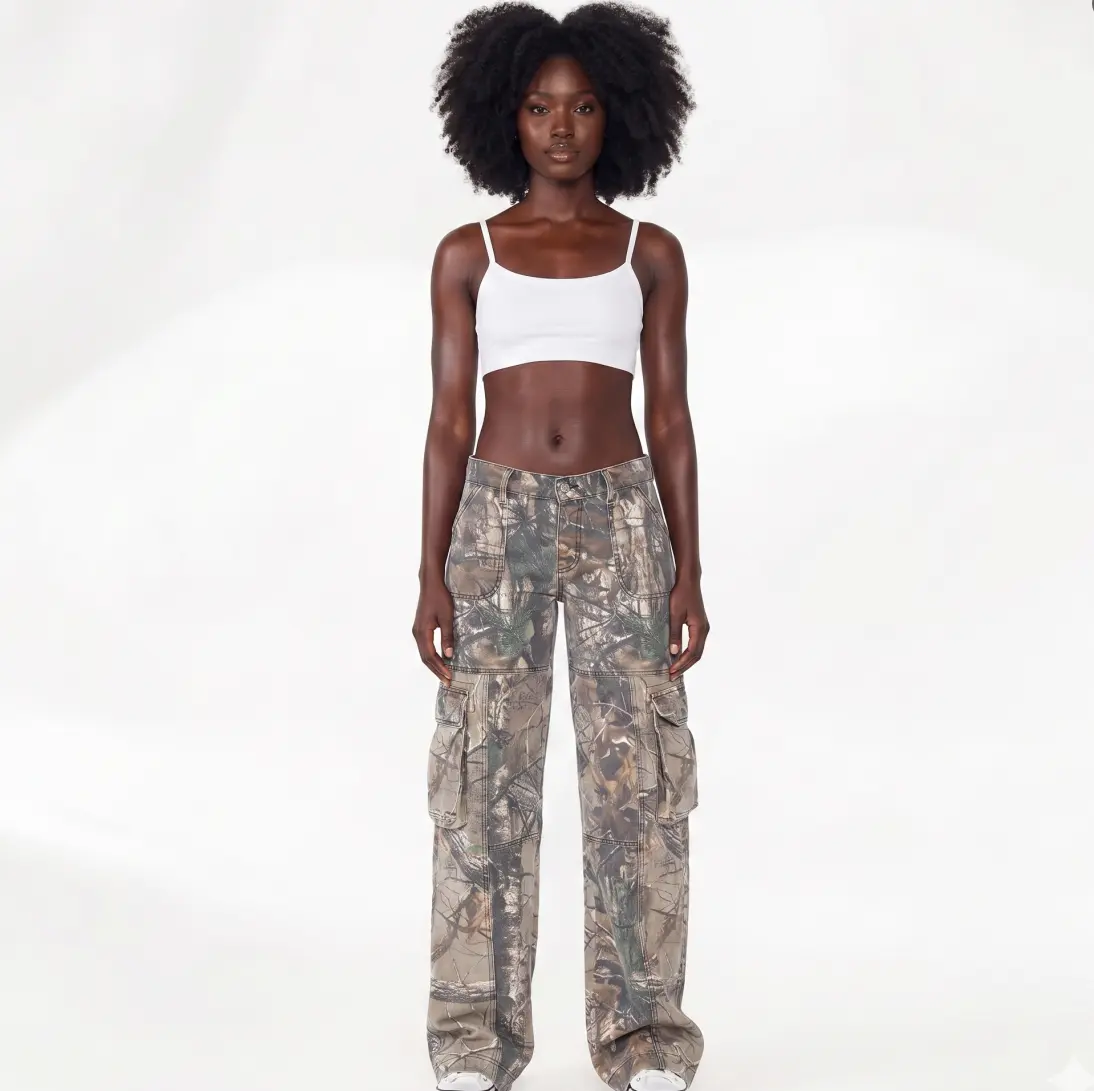 Street leaf printing camouflage overalls women's tk explosion low waist multi-pocket straight quick-drying trousers