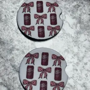 Dr Pepper Car Coaster - Red & White Design with Bows, Perfect for Lovers of the Caffeine-Fueled Beverage