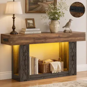 63" Entryway Console Table with Outlets & LED Lights, Farmhouse Entryway Table with Unique Geometric Pattern, Sofa Table Behind Couch with 2-Tier Storage for Living Room, Hallway