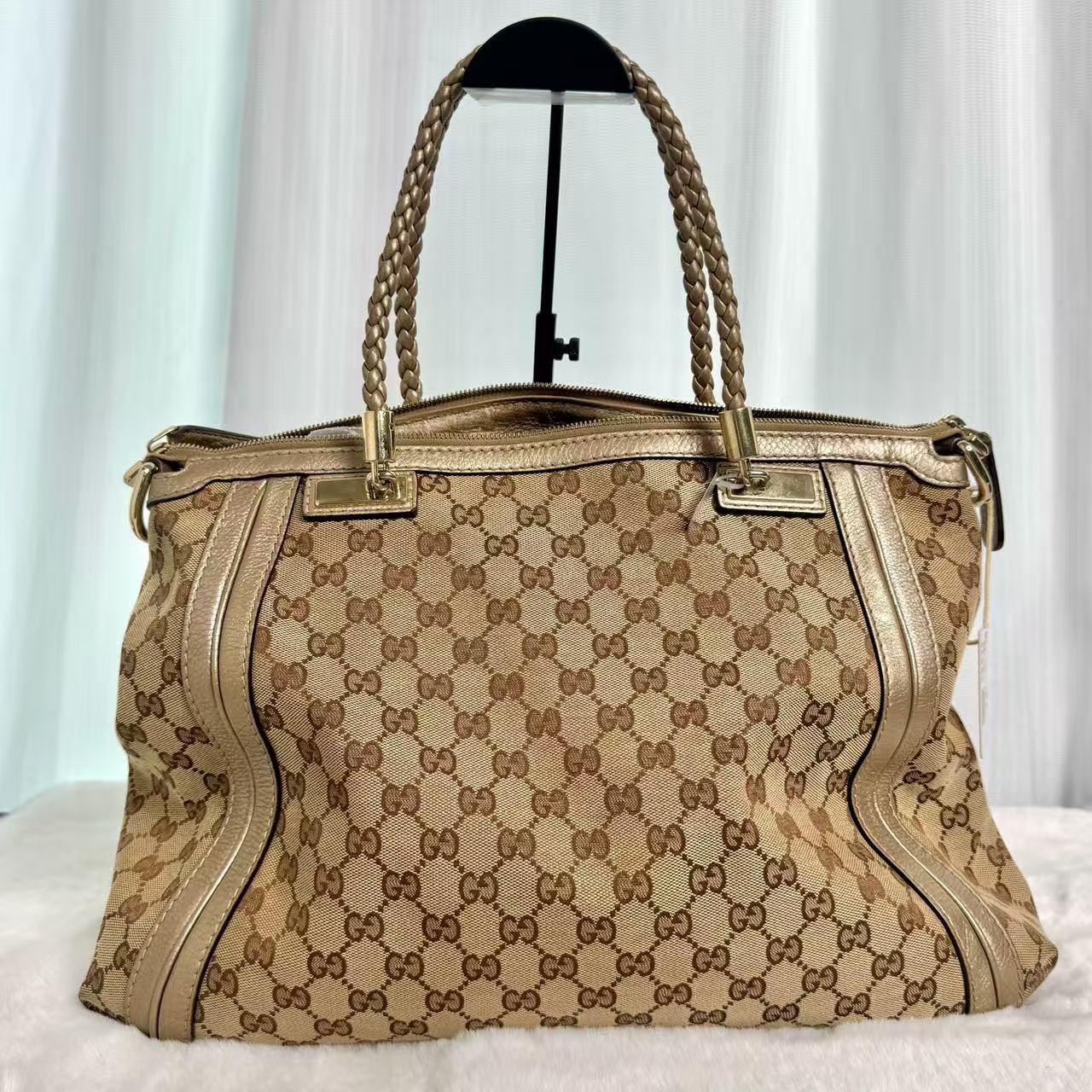 Pre-owned GUCCI Bella GG Monogram Metallic Pebbled Leather Bamboo Tassel Tote Bag|20730718