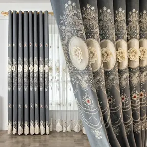 High-End European Style Chenille Embroidered Curtains, Living Room Drapes, Bedroom Light Blocking Floor-Length Window Shades