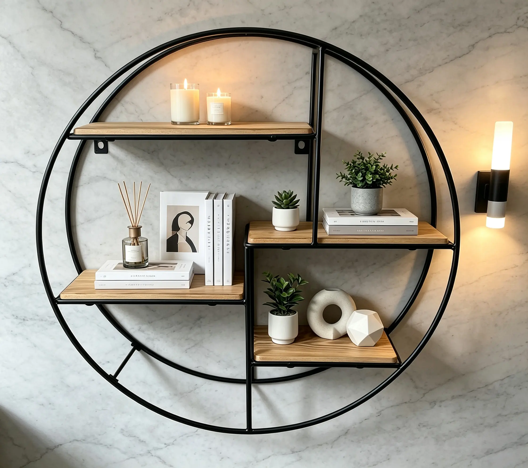 4-Tier Round Wall-Mounted Floating Shelves, Circular Metal Wire Shelf with Wood Tiers, Home Decor Organizer for Living Room, Bedroom, Bathroom (Plant, Candle, Crystal, Book Display)