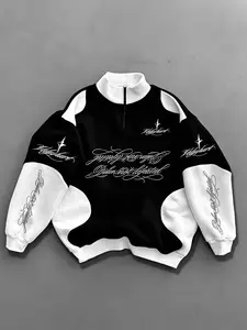 American Street Style Letter Print Half-Zip Sweatshirt for Men, Neutral High Street Fashion, Patchwork Stand Collar Top