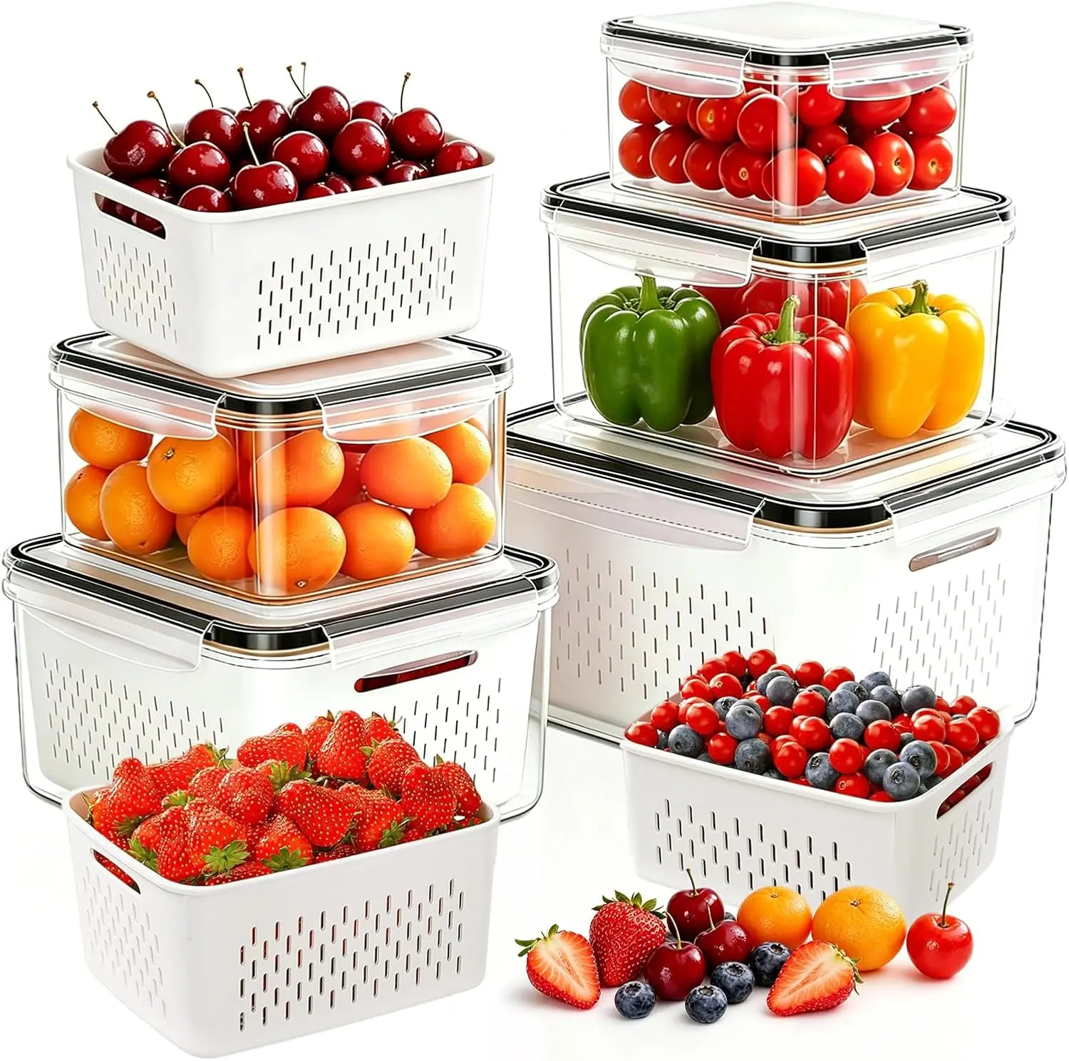 2026 New 5 Pack BPA-Free Plastic Fruit & Vegetable Storage Boxes - Double Layer Drainage, Dual Compartment Food Storage, Stackable Lunch Container, Airtight Leak-Proof Kitchen Organizer, Snack Containers, Household Essential Utensil Holder