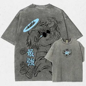 Gojo Satoru Anime Inspired Washed T Shirt, Halo Manga Style Graphic Tee, Acid Wash Unisex Streetwear Japanese Aesthetic Top