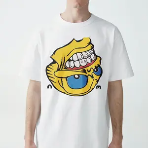 Round Neck White T-Shirt with Yellow Monster Face Print for Casual Wear Menswear Top Tshirt Streetwear