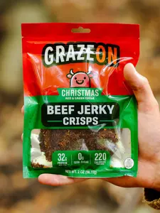 GrazeOn Christmas Beef Jerky Crisps High Protein 32g No Sugar Crunchy Air-Dried Meat Snack All-Natural 2.0 oz Low Carb Keto-Friendly