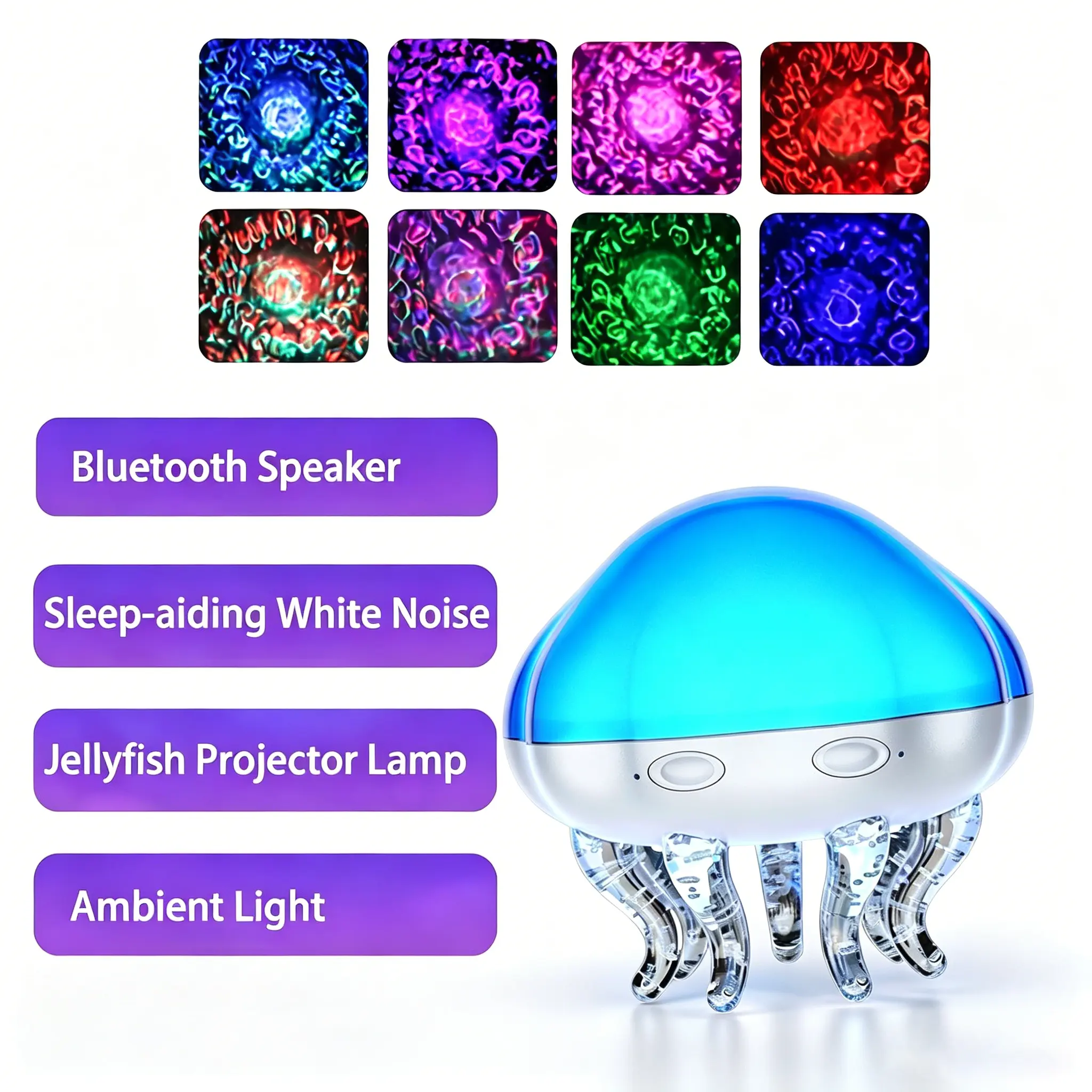 4-in-1 multifunctional Bluetooth speaker with 8 types of white noise, ocean waves and jellyfish projection lights, comes with remote control and automatic timer, 8-color ambient night light for the bedroom, USB powered, perfect for parties