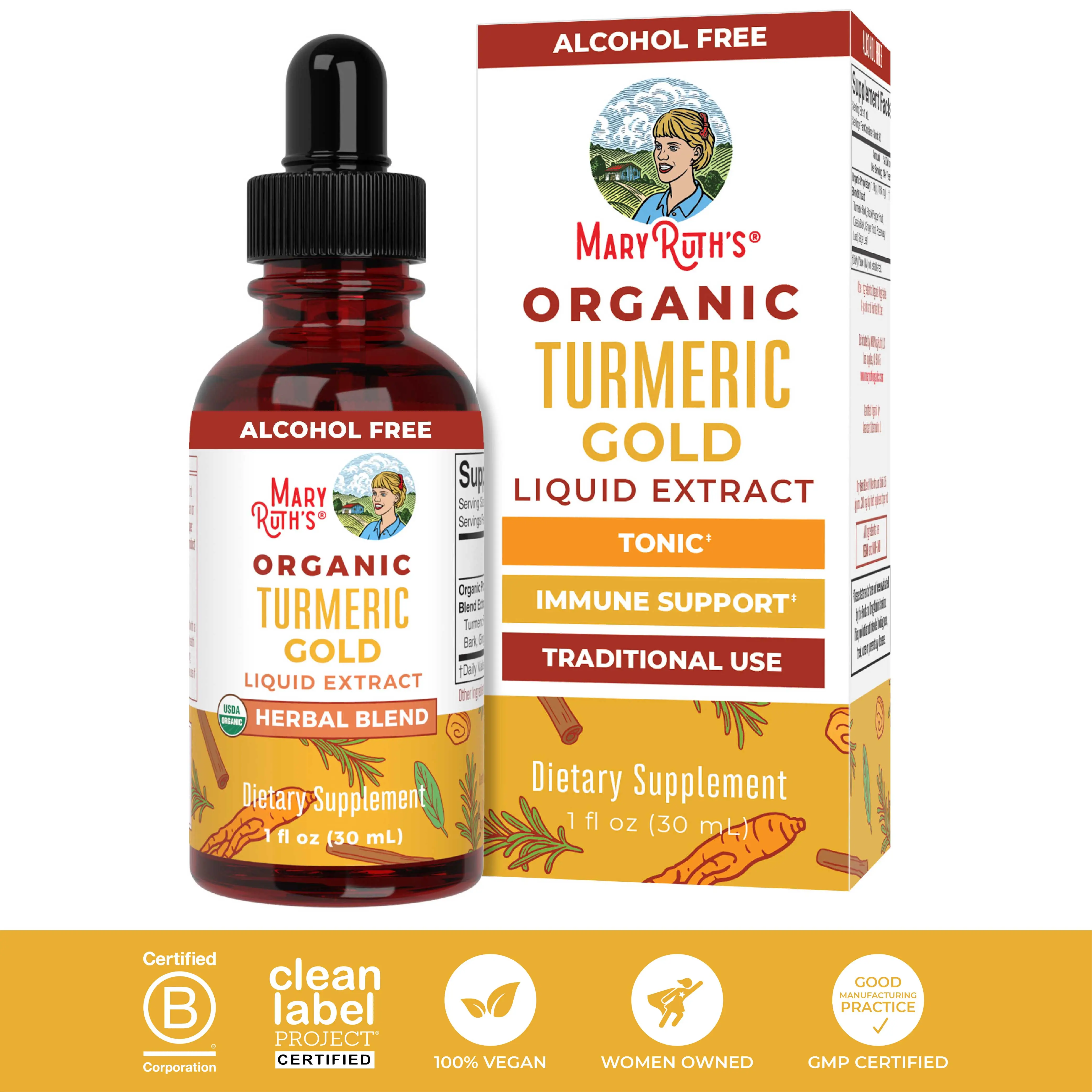 MaryRuth's Organic Turmeric Gold Liquid Drops - Black Pepper - Cassia Cinnamon Bark - Ginger Root - Immune Support - USDA Organic - Non-GMO - Vegan