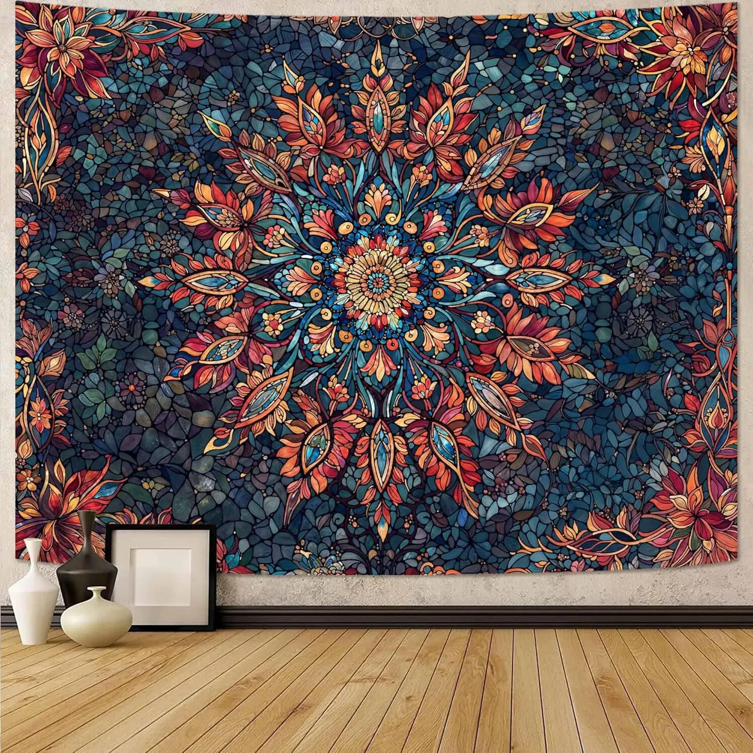 Accnicc Boho Floral Mandala Tapestry for Bedroom Hippie Bohemian Flower Wall Tapestry Aesthetic Large Stained Glass Red Blue Indian Tapestries Wall Hanging for Living Room Dorm Decor 80 x 60 Inch Beige