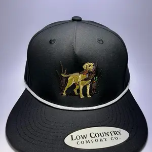 Low Country Comfort Co. Black Five Panel Performance Hat with Yellow Lab and White Rope