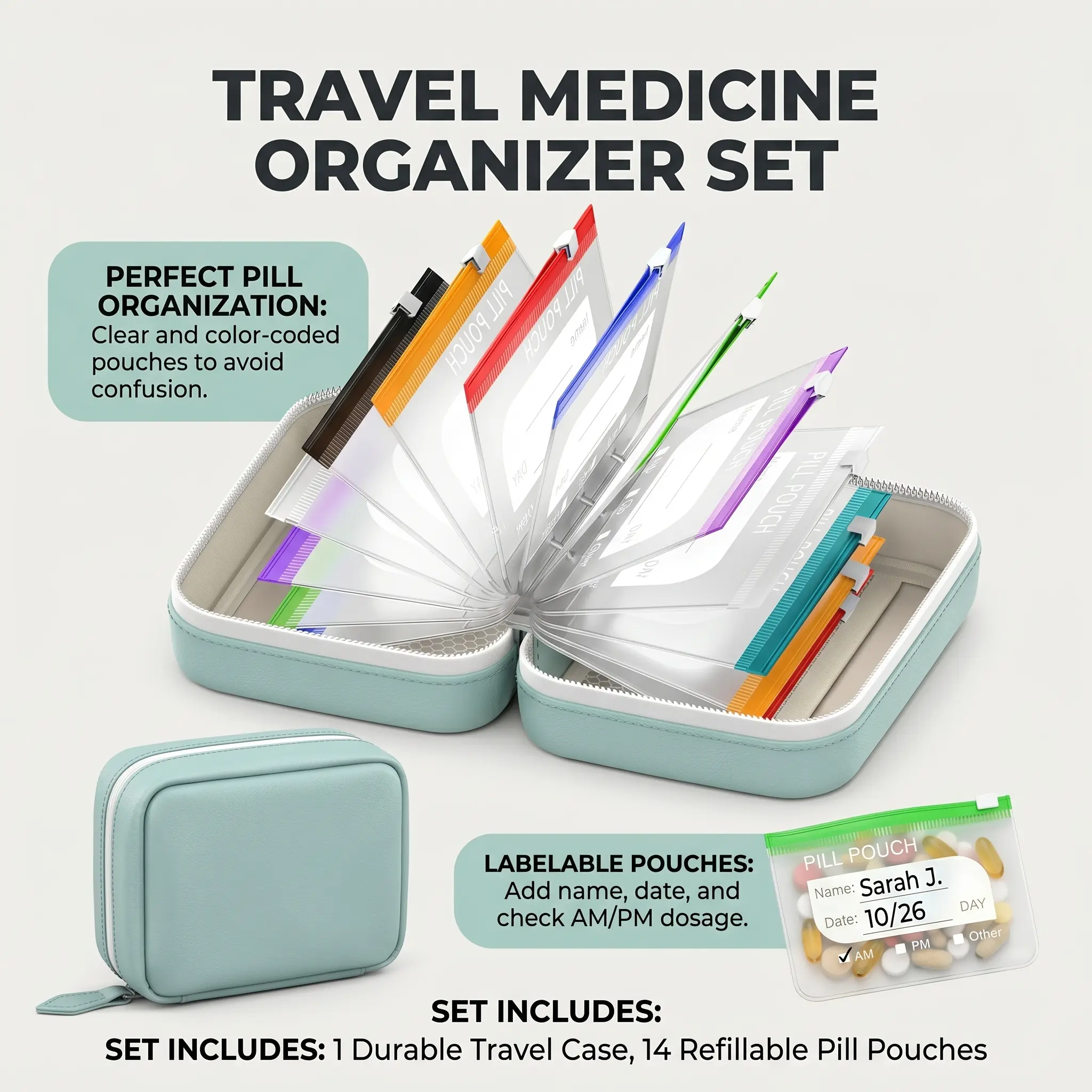 Compact Travel-Friendly Pill Organizer Set | 14 Color-Coded Reusable Clear Pill Pouches, Waterproof Leather Storage Bag for Medication Vitamins Supplement, Daily Weekly Travel Medicine Holder for Elderly, Traveler