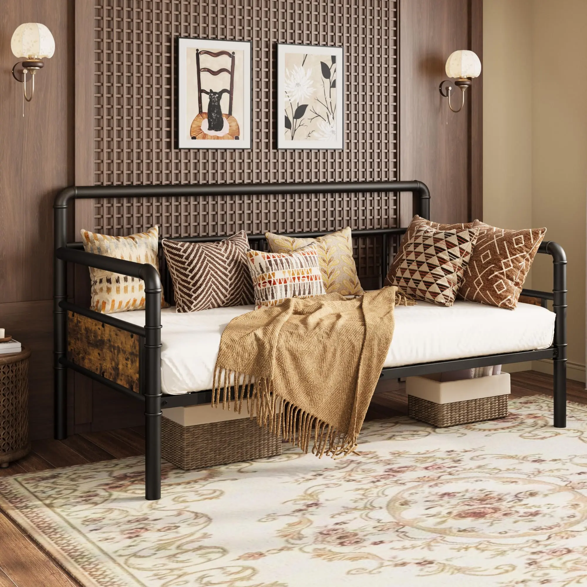 Garvee Modern Vintage Twin Daybed with Classic Headboard - Heavy-Duty Metal Apartment Bed Frame, Steel Slats Support, Noise-Free, Tight Mattress Fit, No Box Spring Needed for Living Room, Guest Room, Black, Bedroom Furniture