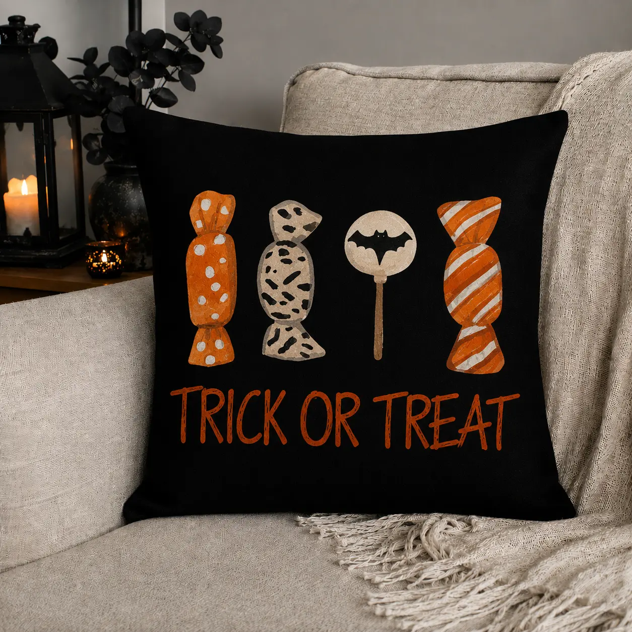 Halloween Burlap Canvas Throw Pillow Covers – Trick or Treat, Haunted House & Jack-O’-Lantern Designs