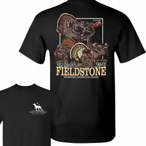 Fieldstone Turkey Species Graphic T-Shirt, Features Eastern Osceola Rio Grande And Merriam’s Wild Turkey Illustration With Large Fieldstone Sporting Lifestyle Brand Text On Back, Hunting Brand Outdoor, Apparel Gift For Turkey Hunters, Top Menswear
