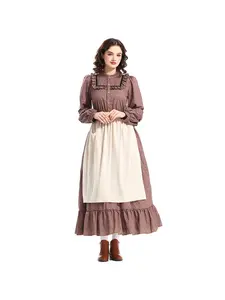 Prairie Colony Brown Floral Dress Victorian & Medieval Pioneer Costume for Halloween & Historical Reenactment