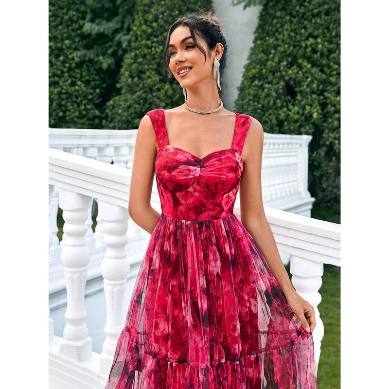 SHEIN Belle Floral Print Mesh Layer Dress Fashion Slim Ball Gown Skirt Maxi Women Outfit