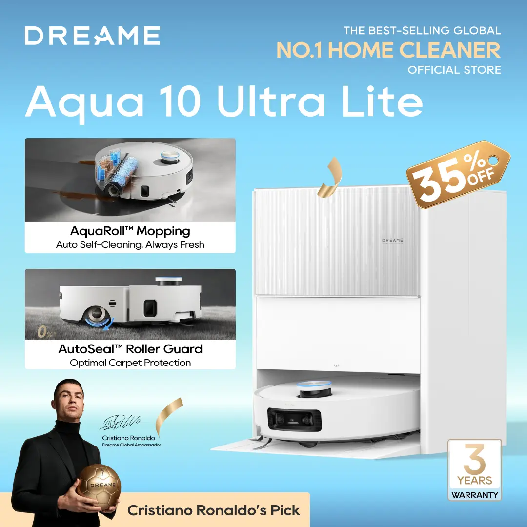 DREAME Aqua10 Ultra Roller Lite Robot Vacuum and Mop & 30,000Pa Suction, Self-Cleaning Dock & Extending Roller Mop, Heat-Washes & Dries, Carpet Protection, AI Camera & LiDAR Avoidance Tech, Voice Control