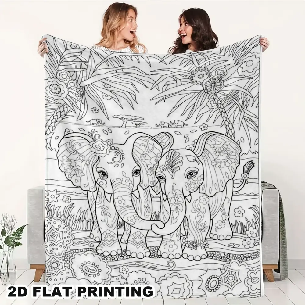 Elephant Coloring Book Style Blanket, Soft Flannel Throw Blanket with Black White Cute Elephant Safari Floral Print, Cozy Gift for Kids Girls Teens and Elephant Lovers, Fun Animal Lover Blanket for Bed Couch Sofa Bedroom Dorm, Lightweight Warm Blanket