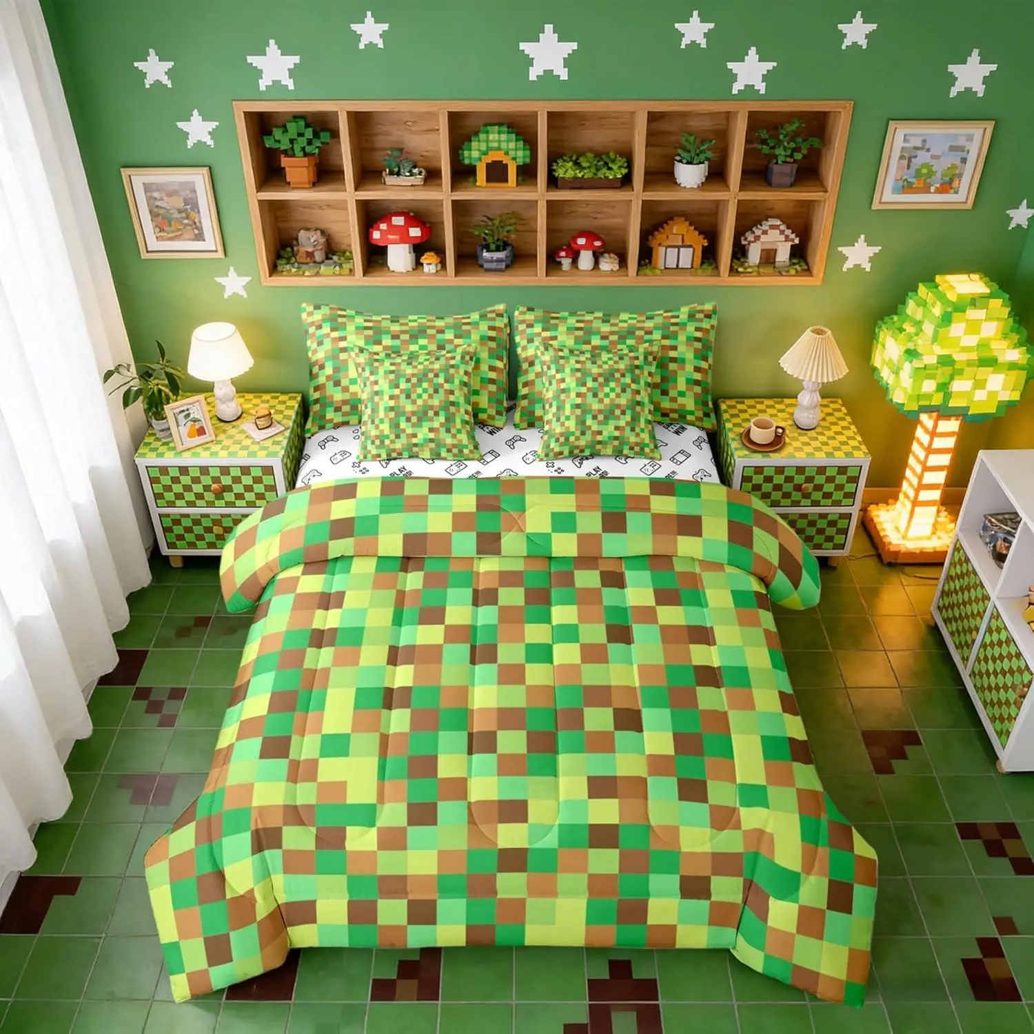 Pixelated Grid Comforter Set,7 Pcs,Geometric Camo Blocks Kids Bed Set,Miners Gamepad Games Comforter,Green Brown Bedding with Comforter,Fitted Sheet,Flat Sheet,Pillowcases,Pillow Covers
