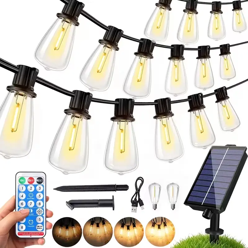 Solar-Powered Outdoor Bulb-Shaped String Lights - Shatterproof, 8 Dimmable Modes, Dimmer Control, IP44 Water Resistant, Adjustable Brightness LED Party Mood Holiday Lights for Courtyard, Camping